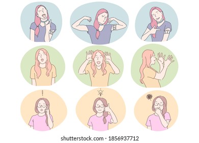 Sign language, gestures, hands and facial expression communication concept. Young girls cartoon characters showing cool strength, power, fun, having idea and showing doubt, having fun and foolish 