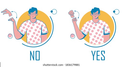 sign language guy shows hands no and yes. gestures, gesturing, deafness, banner template flat vector illustration