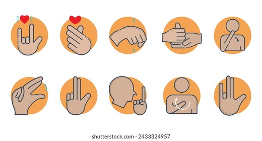 sign language. sign language icon set. i love you, help, yes, no, thank you , etc. flat line icon style. business element vector illustration