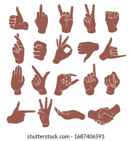 Sign Language Icon Set Silhouettes. Monochrome Drawing Of Wrist, Hands Showing Various Classic Symbol Isolated On White Background. Vector Illustration