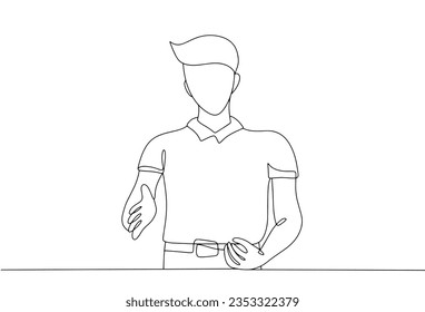 The sign language interpreter shows the "be" gesture. Translation for deaf people. International Day of Sign Languages. International Week of the Deaf. One line illustration.