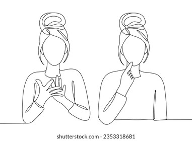 The sign language interpreter shows the phrase "sign language" with gestures. Translation for deaf people. International Day of Sign Languages. International Week of the Deaf. One line drawing.