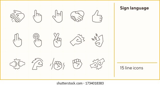 Sign language line icon set. Gesturing isolated sign pack. Gesture concept. Vector illustration symbol elements for web design