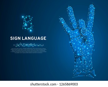 Sign language number eight gesture, fillip, flick, finger kick gesture. Polygonal low poly. Deaf People silent communication alphabet. Connection wireframe. Vector 8 on dark blue background