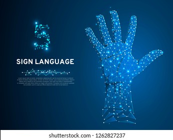 Sign language number five gesture, human hand showing five fingers. Polygonal low poly high five, succes teamwork. Deaf People silent communication alphabet. Wireframe Vector 5 on dark blue background