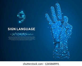 Sign language number nine, fillip, flick, finger kick, ok, yes gesture. Polygonal low poly. Deaf People silent communication alphabet. Connection wireframe. Vector 9 on dark blue background