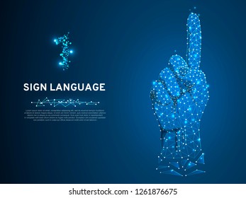 Sign language number one gesture, low poly model of human hand pointing, showing. Deaf people silent communication alphabet. Polygonal connection wireframe. Vector 1 on dark blue background