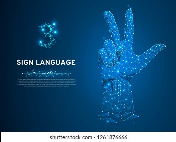 Sign language number three gesture, human hand showing three fingers, Polygonal low poly illustration. Deaf People silent communication alphabet. Wireframe Vector 3 on dark blue background