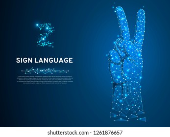 Sign language number two gesture, two fingers pointing up, hand in peace or victory symbol, Polygonal low poly. Deaf People silent communication alphabet. Wireframe Vector 2 on dark blue background