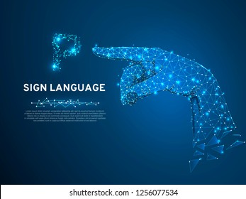 Sign language P letter, Pointing, targeting, showing 3d low poly model of human hand. Neon Polygonal space low poly. People silent communication. Connection wireframe. Vector on dark blue background