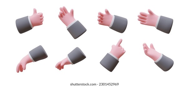 Sign language. Set of 3D icons of male hand gestures. Movements with palm and fingers. Cartoon style illustration. Non verbal way of assessment, direction indication, greeting. Gymnastics for fingers