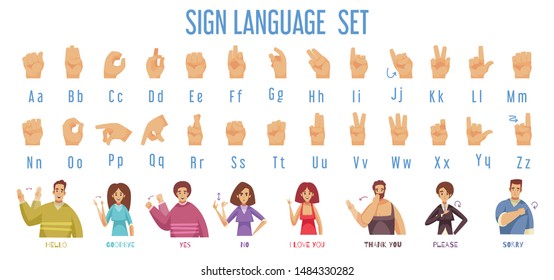 Sign language set with deaf hand set symbols flat isolated vector illustration