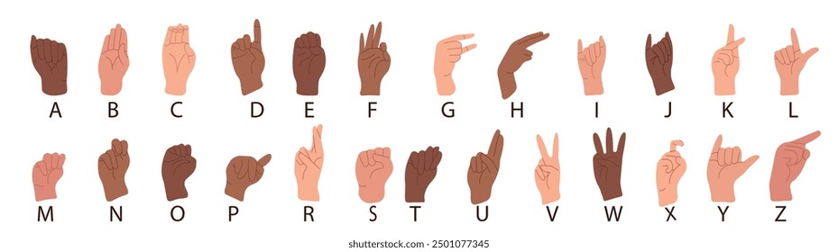 Sign Language. Set of hands in doodle style isolated human arms. vector illustration for ASL education poster, card, brochure, canvas, website, books