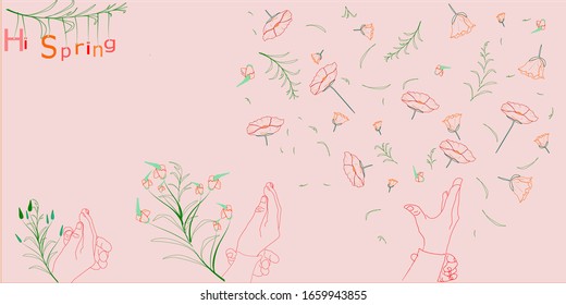 sign language of spring, there are Poppys, leaves and letter of spring