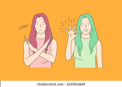 Sign language, stop and ok, opposite emotions concept. Call to stop, prohibition and consent gesture, communication, dialogue, gesticulating young woman, denying and agreeing girl. Simple flat vector