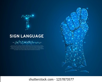 Sign language T letter, Russian Sing Dulya Figa Shish Kukish gesture. Polygonal space low poly style. Deaf people silent communication. Connection wireframe. Vector on dark blue background