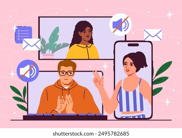 Sign language translation. Deaf man and woman communicate using sign interpreter on Internet. Communication on social networks. Support for people with disabilities. Flat vector illustration