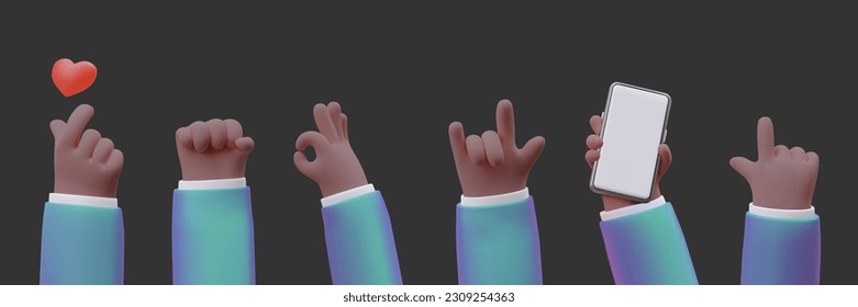 Lenguaje de señas, imagen vectorial realista establecida en el fondo oscuro. Las manos curtidas del hombre muestran emociones con gestos. Apoyo, victoria, amor, en contacto. Ilustraciones realistas para los métodos modernos de comunicación