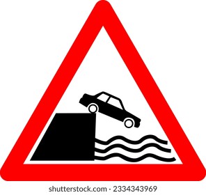 Sign leave to the shore or embankment. Red triangle. Warning road sign. The car falls off the slope into the water. Danger zone. Caution, dangerous embankment. Stop car. Careful not drive ashore.