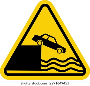 Sign leave to the shore or embankment. Yellow triangle. Warning road sign. The car falls off the slope into the water. Danger zone. Caution, dangerous embankment. Stop car.