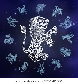 sign of leo and set with signs of zodiac on space