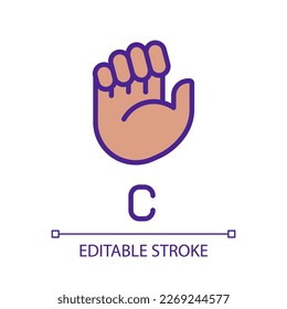 Sign for letter C in ASL pixel perfect RGB color icon. Nonverbal communication. Visual system. Isolated vector illustration. Simple filled line drawing. Editable stroke. Arial font used