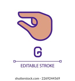 Sign for letter G in ASL pixel perfect RGB color icon. Nonverbal communication for people with deafness. Isolated vector illustration. Simple filled line drawing. Editable stroke. Arial font used