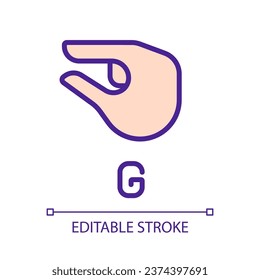 Sign for letter G in ASL pixel perfect RGB color icon. Nonverbal communication for people with deafness. Isolated vector illustration. Simple filled line drawing. Editable stroke. Arial font used