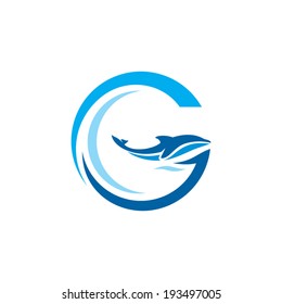 Sign the letter G. Dolphin on the Wave. Water Animal icon. Abstract alphabet, font emblem. Branding Identity Corporate vector logo design template Isolated on a white background