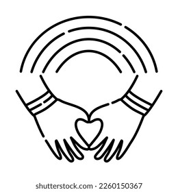 Sign of lgbt love. Rainbow, hands and heart. Black and white vector line illustration