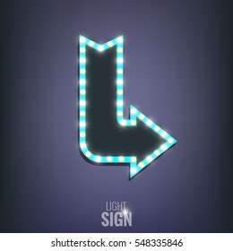Sign with light bulbs. Shiny arrow sign banner. Light sign with lamps.