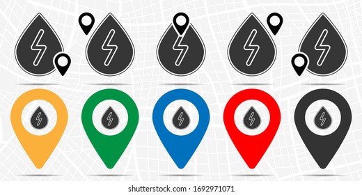 Sign of lightning in a drop of water icon in location set. Simple glyph, flat illustration element of sustainable energy theme icons