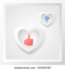 Sign like and dislike in the frame in the form of heart on a light background.Vector illustration.Can be used in web design as poster,banner,postcard.