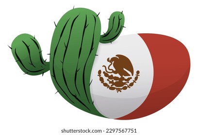 Sign like Mexican flag completed with cactus and the coat of arms in silhouette. Isolated design with gradient effect.