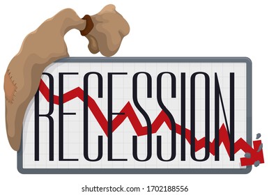 Sign like statistic graph, depicting the falling tendency during economic recession decorated with a down arrow and an empty money bag.