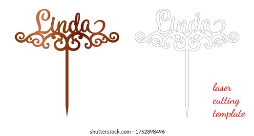 Sign 'Linda' cake toppers for laser or milling cut. Cut for decoration design. Name topper. Holiday greeting. Elegant decoration. Laser cut. Isolated design element