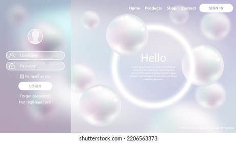 Sign In Login form glassmorphism style. Luxury pearl sphere background with defocused white light circle frame. Landing page premium web design for science site, medical, beauty, jeweler, accessory