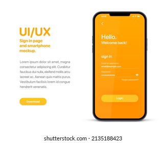 Iniciar sesión e iniciar sesión plantilla de página degradado naranja para el desarrollo de aplicaciones con simulaciones de smartphone realistas. Elementos ui del sitio web, formulario de inicio de sesión en línea, registro, perfil de usuario, acceso a la cuenta.