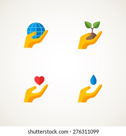 Sign or logo with hand holding elements Earth, heart, sprout, water drop. Vector illustration. Think green concept set. Save the planet. Environmentally friendly.