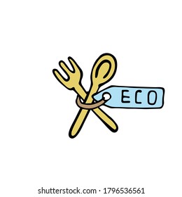   logotipo reutilizable tableware aislado.Conjunto reutilizable de kithcenware de bambú de doodles. Cero desperdicios de vajilla de cocina reciclable. horquilla desechable ecológica, cuchara,
