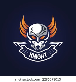 sign logo a skull with wings and a banner that says knight on it.