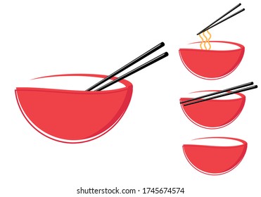 Red​ bowl​ and​ chopstick​s​ sign  or logo isolated​ on​ white​ background​ vector.