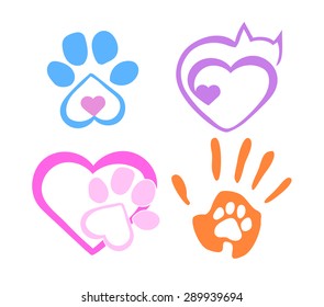 The sign of love for animals with paws, heart and hand