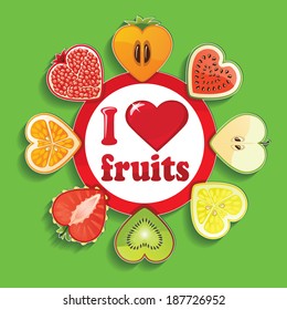 Sign I love fruits.Cut of differend  fruits and berries in the shape of a heart.Vector