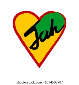 Sign of love to rasta culture. Isolated vector heart in rastafarian colors and word "Jah".