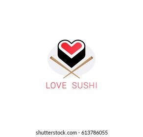 Sign I love sushi. Vector logo of Japanese cuisine in a modern style.