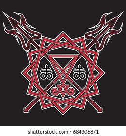 Sign of Lucifer, the pentagram and crossed devil's pitchfork, isolated on black, vector illustration