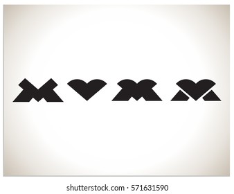 Sign M, formed by two base lines and heart. The process of creating this sign is also displayed. Isolated vector icon logo illustration of the heart, which symbolizes the letter M.