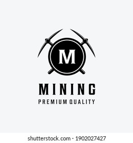 Sign M of Mining Vintage Logo Vector, Design of Illustration Creative Pickaxe, Digger and Carpentry Concept Minimalist