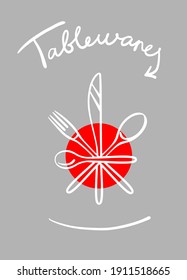 A sign made of a fork, spoon, knife, and cutlery. Greeting card logo design for the cook. Illustration in chalk on a gray board with the inscription tableware.